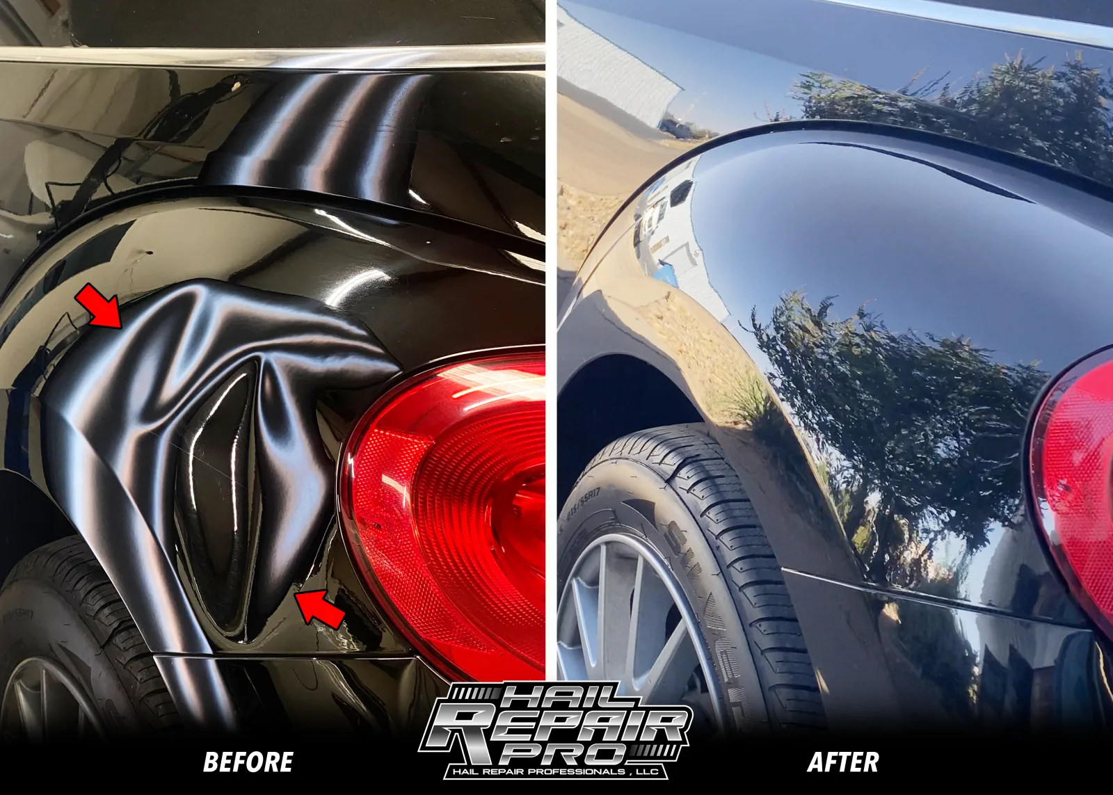 Midland TX paintless dent repair before and after on a black VW Beetle quarter panel