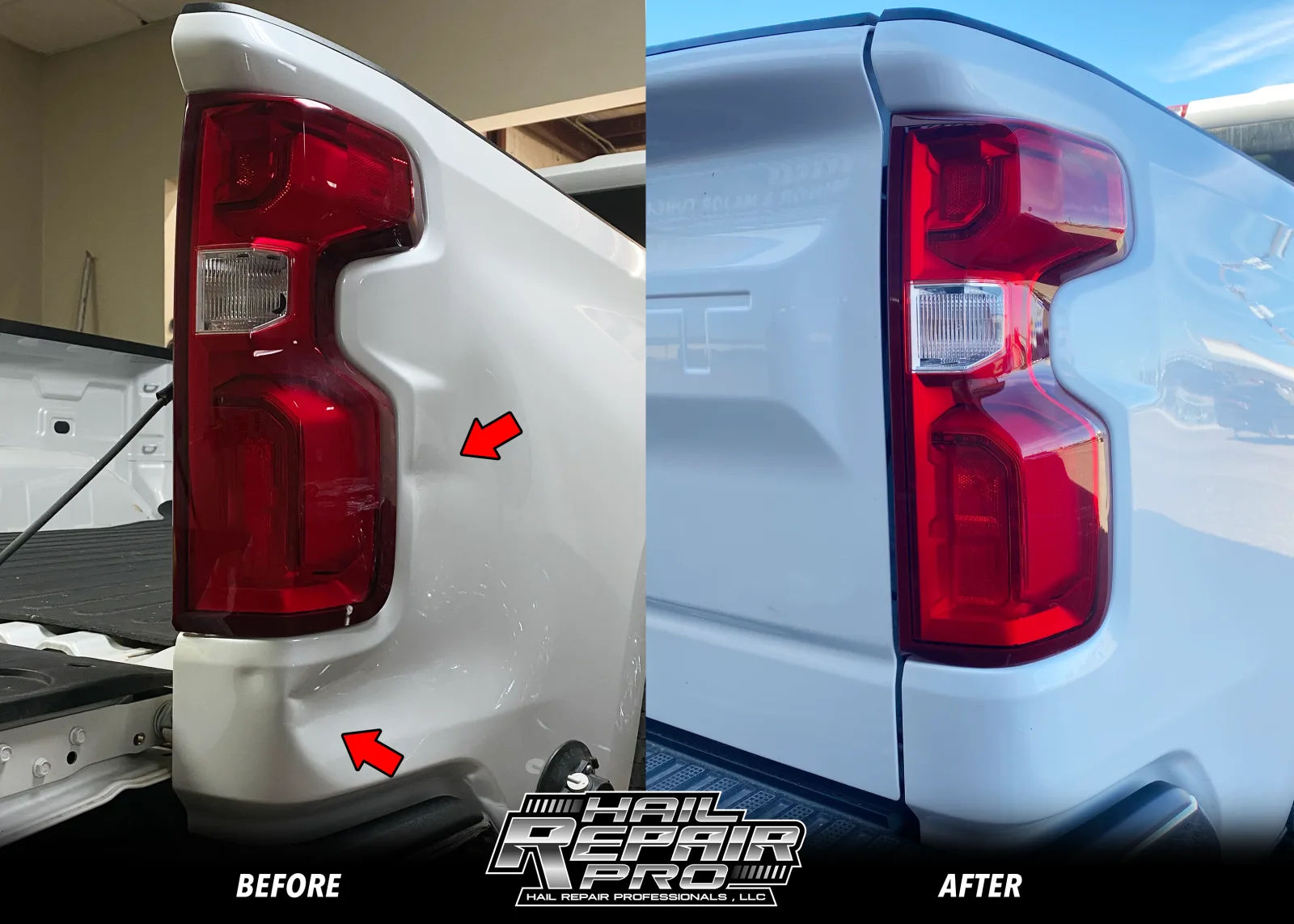 Chevy Silverado panel collision repair before and after — Midland, TX body shop