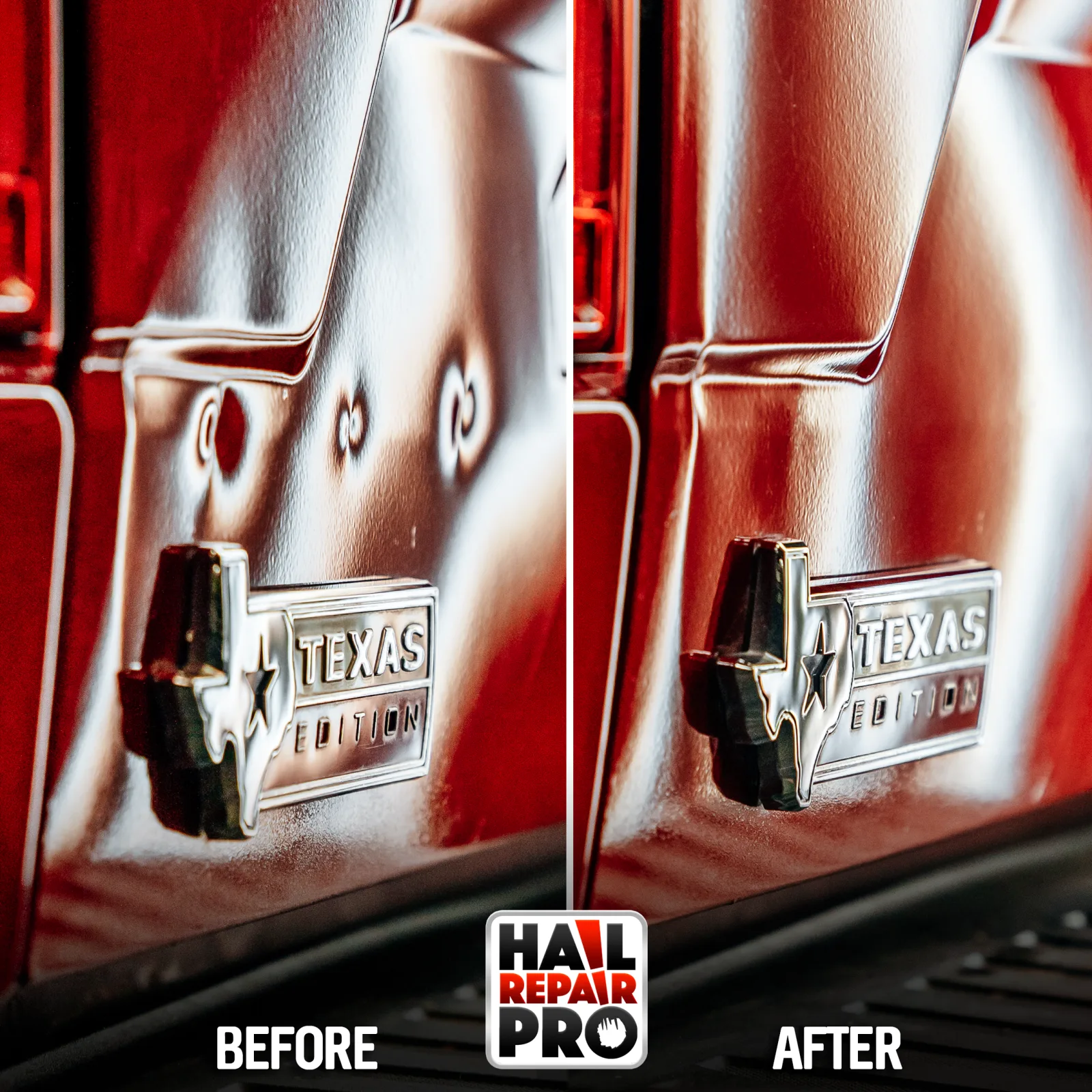 Truck tailgate dent repair before and after — Midland, TX PDR