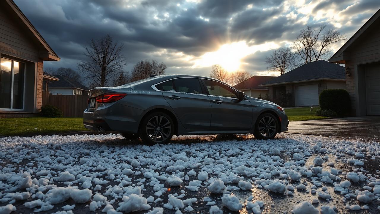 Sedan in a Midland TX driveway covered in hail stones after a storm