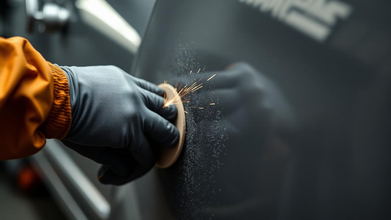 Body shop technician sanding a damaged bumper before paint and body repair