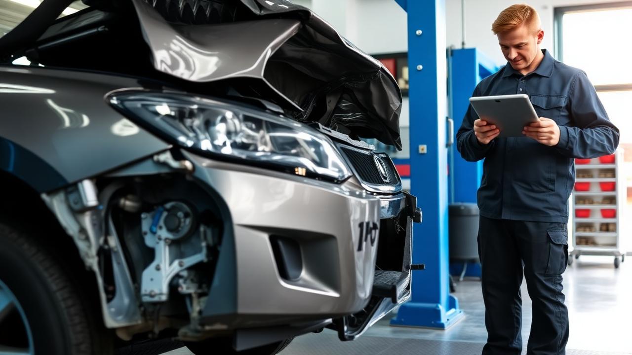 Collision repair shop in Midland TX inspecting a damaged front bumper