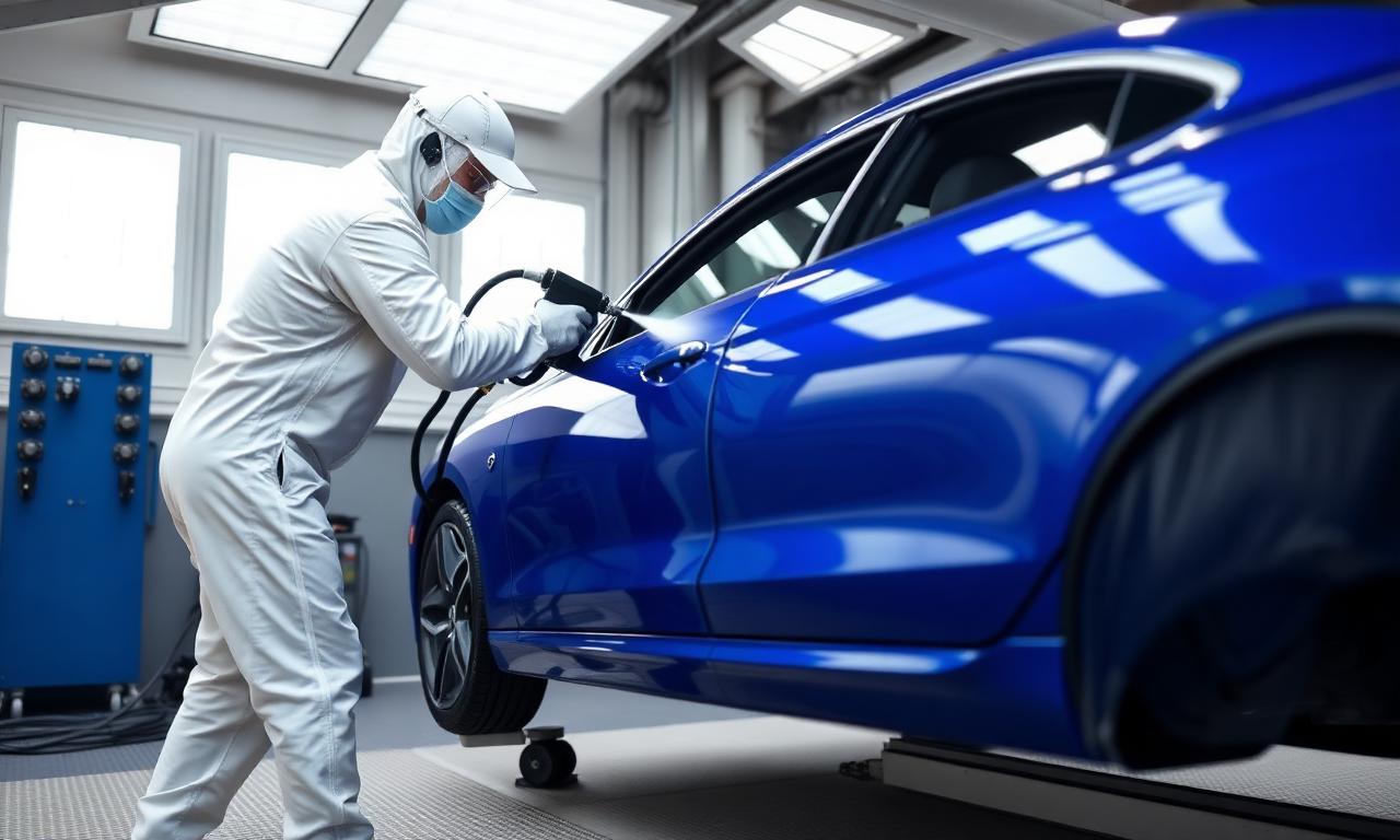 Collision repair technician spraying paint in a Midland TX downdraft booth