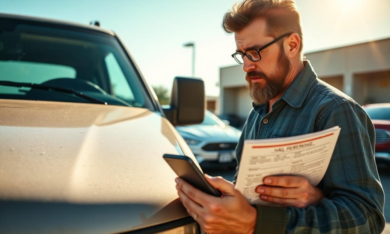 Texas driver reviewing insurance paperwork after hail damage in Midland