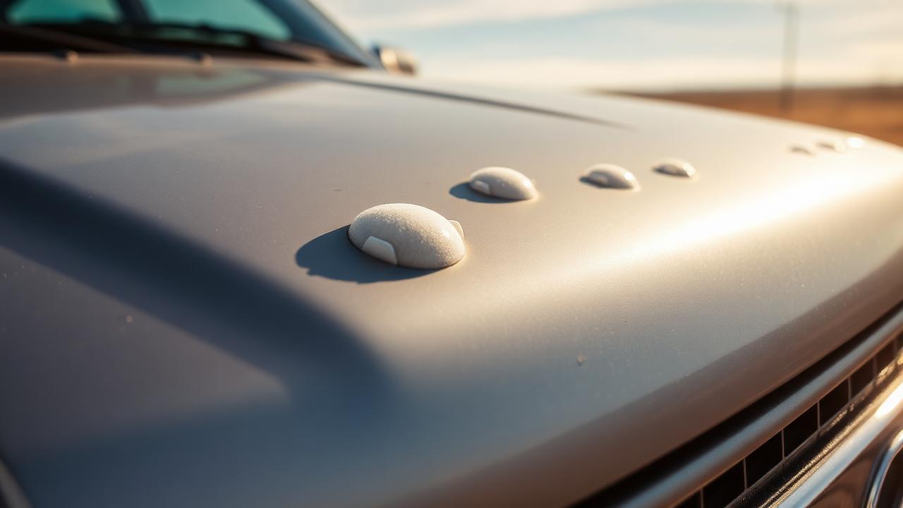 Hail damage dents on a pickup truck hood in Midland TX