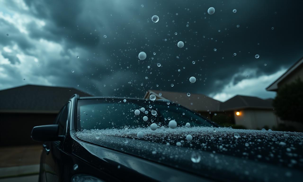 Hailstorm hitting an SUV in a Midland Texas driveway
