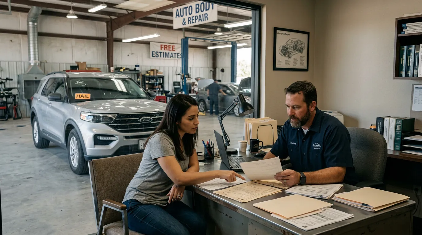 Progressive hail damage repair customer reviewing the claim with a Hail Repair Pro advisor in Midland, TX