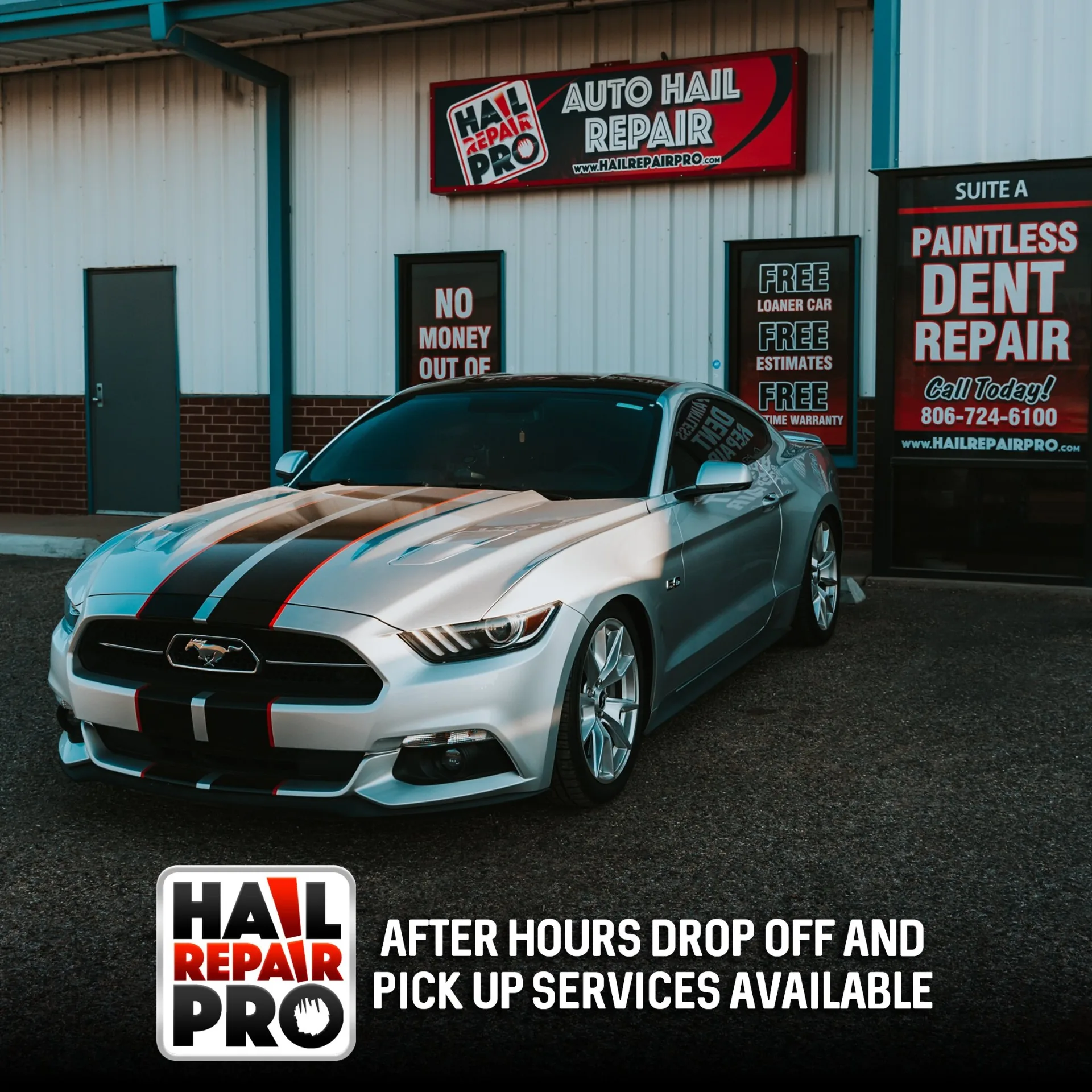 Hail Repair Pro Midland TX — After-Hours Drop Off & Pick Up Available Silver Ford Mustang parked outside Hail Repair Pro Midland TX shop on South Garfield St — Auto Hail Repair and Paintless Dent Repair with free loaner cars, free estimates, and lifetime warranty; after-hours drop off and pick up services available