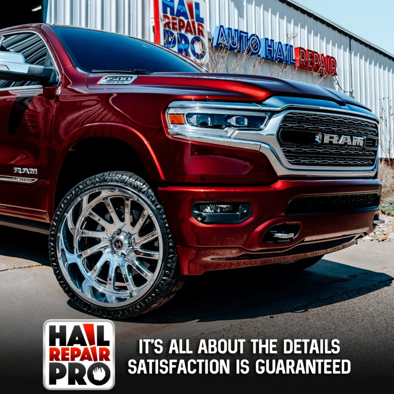Red Ram 1500 Limited finished after paintless dent repair at Hail Repair Pro Midland, TX — flawless factory paint, satisfaction guaranteed